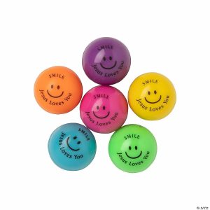 Balls |   1″ Bulk 48 Pc. Mini Smile Jesus Loves You Rubber Bouncy Balls Balls Balls