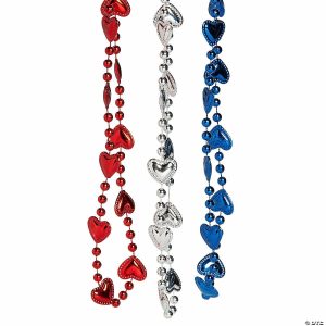 Bead Necklaces |   Patriotic Metallic Bead Necklaces with Hearts – 24 Pc. Bead Necklaces Bead Necklaces