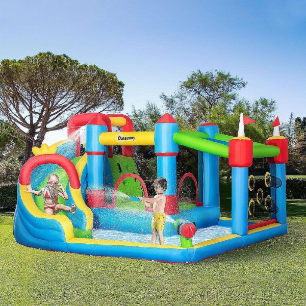 Bounce Houses |   Outsunny 5 in 1 Kids Inflatable Bounce Castle Theme Jumping Castle Includes Slide Trampoline Pool Water Gun Climbing Wall with Inflator Carry Bag Repair Patches Bounce Houses Bounce Houses