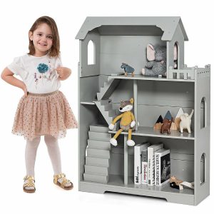 Dolls & Dollhouses |   3-Tier Wooden Dollhouse Bookcase Children’s Bookshelf in Kid’s Room Gift for 3+ Grey Dolls & Dollhouses Dolls & Dollhouses