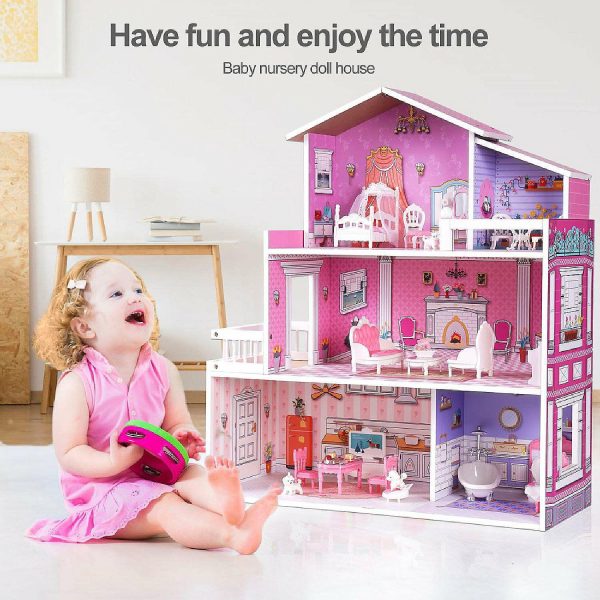 Dolls & Dollhouses |   Wooden Dollhouse for Kids with 24pcs Furniture Preschool Dollhouse House Toy Dolls & Dollhouses Dolls & Dollhouses