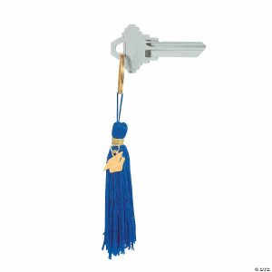 Key Chains |   2 1/2″ Graduation Blue Tassel Nylon Keychains with Hat Charm – 12 Pc. Glow in the Dark Products Key Chains