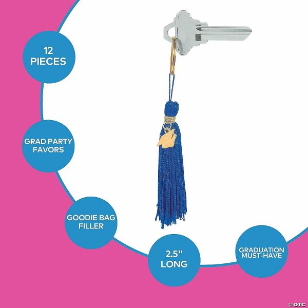 Key Chains |   2 1/2″ Graduation Blue Tassel Nylon Keychains with Hat Charm – 12 Pc. Glow in the Dark Products Key Chains