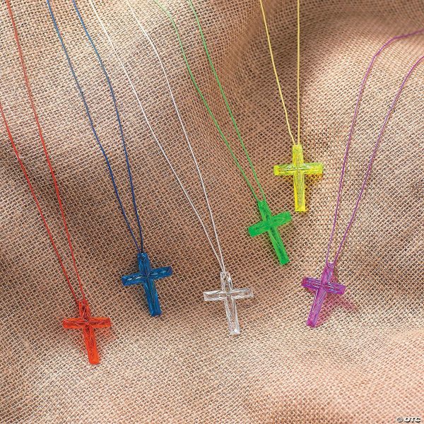 Necklaces |   26″ Bulk 48 Pc. Religious Crystal Cross Clear Plastic Necklaces Glow in the Dark Products Necklaces