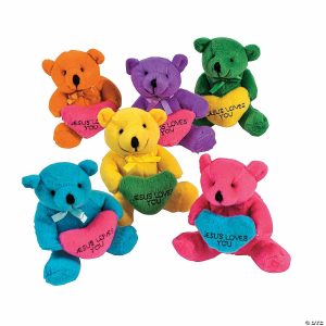 Plush Toys |   4″ Religious Brightly Colored Jesus Loves You Hearts Stuffed Bears – 12 Pc. Novelty Toys Plush Toys