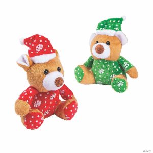 Plush Toys |   Mini Christmas Green & Red Santa Hats Brown Stuffed Bears – 12 Pc. Novelty Toys Plush Toys