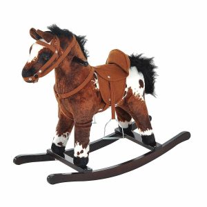 Riding Toys |   Qaba Kids Metal Plush Ride On Rocking Horse Chair Toy With Realistic Sounds   Dark Brown/White Outdoor Toys Riding Toys