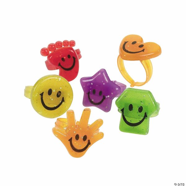 Rings |   Bulk 48 Pc. Glitter Smile Face Plastic Rings Glow in the Dark Products Rings