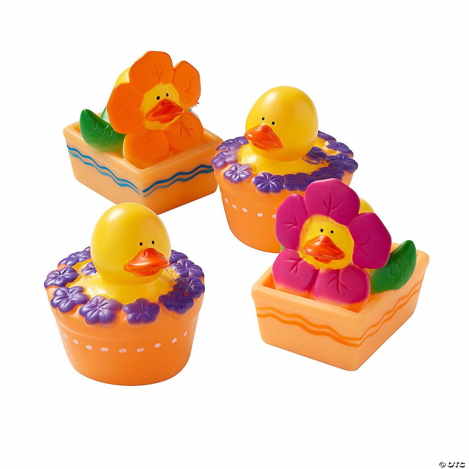 Rubber Duckies |   2″ Spring Flowers Bright Multicolor Rubber Ducks in Pots – 12 Pc. Novelty Toys Rubber Duckies