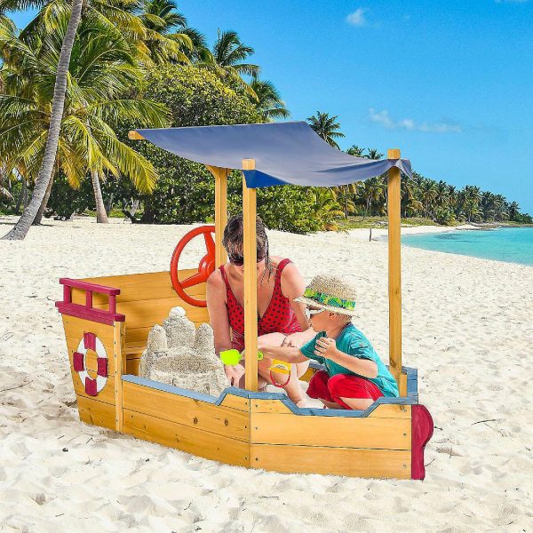 Sandboxes & Sand Toys |   Outsunny Kids Wooden Sandbox Play Station Covered Children Sand boat Outdoor for Backyard w/ Canopy Shade Storage Bench Bottom Liner Aged 3 8 Years Old Orange Outdoor Toys Sandboxes & Sand Toys