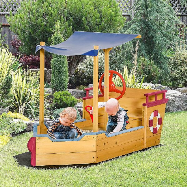 Sandboxes & Sand Toys |   Outsunny Kids Wooden Sandbox Play Station Covered Children Sand boat Outdoor for Backyard w/ Canopy Shade Storage Bench Bottom Liner Aged 3 8 Years Old Orange Outdoor Toys Sandboxes & Sand Toys