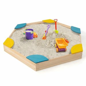 Sandboxes & Sand Toys |   Costway Outdoor Wooden Sandbox with Seats Backyard Bottomless Sandpit for Kids Aged 3+ Outdoor Toys Sandboxes & Sand Toys