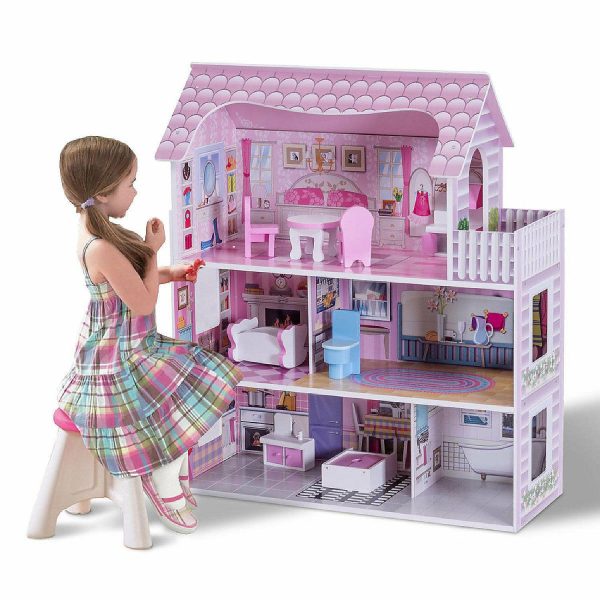 Dolls & Dollhouses |   28” Pink Dollhouse w/ Furniture Gliding Elevator Rooms 3 Levels Young Girls Toy Dolls & Dollhouses Dolls & Dollhouses